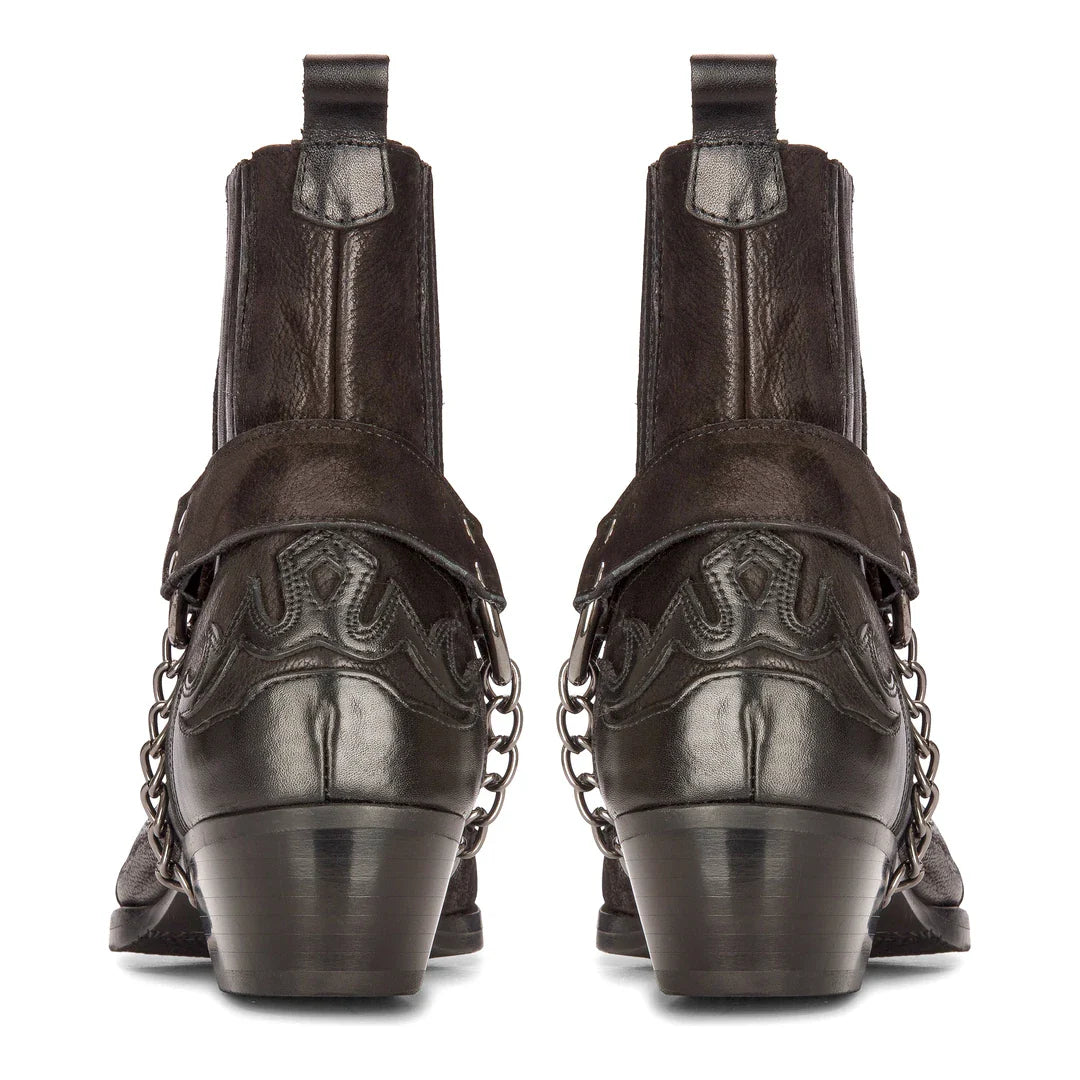 Mens Western Black Cowboy Boots Vintage Pointed Knight Ankle Country Boot Riding Real Leather