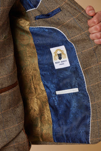 Abito da uomo a 3 pezzi in tweed a spina di pesce marrone chiaro a quadri, vestibilità su misura, classico doppio