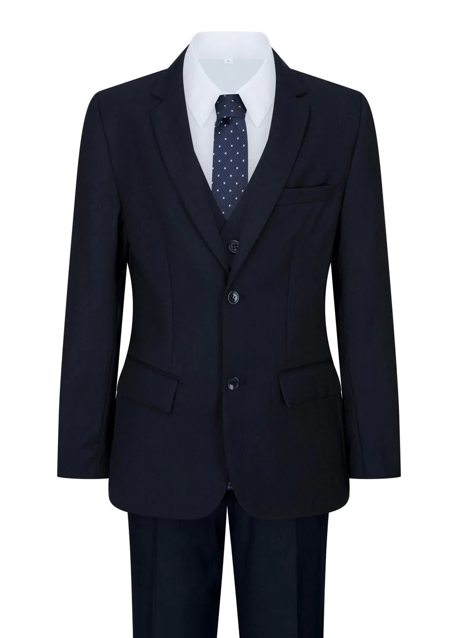 Boys Navy Blue 5 Piece Suit Blazer Waistcoat Shirt Tie Trousers Wedding Party