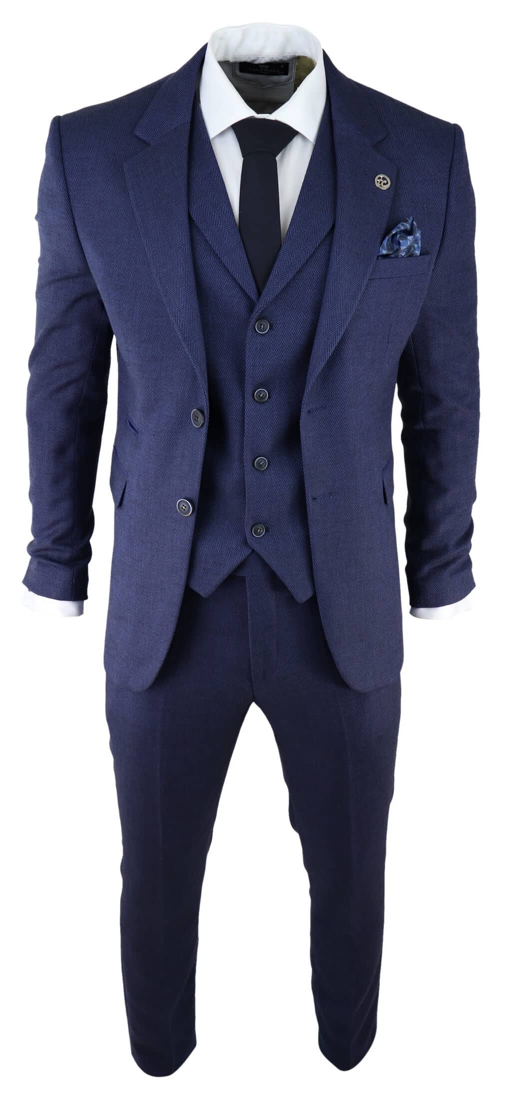 Men's Navy-Blue Herringbone Tweed 3 Piece Suit