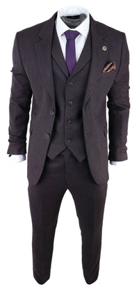 Men's Plum Herringbone Tweed 3 Piece Suit