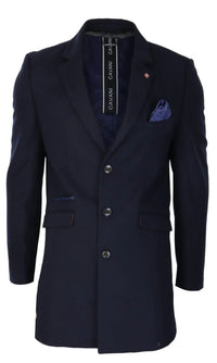 Cavani Mens Classic 3/4 Length Navy Overcoat