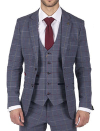 Mens Marc Darcy Blue Grey Red Check Blazer Smart Casual Tweed Slim Fit Drake