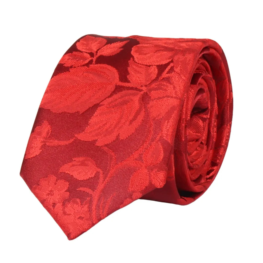 Men's Tie Pocket Sqaure Set Formal Floral Necktie - Red