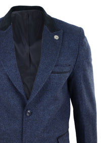 Herringbone Tweed 3/4 Long Overcoat-Navy