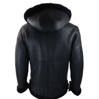 Men's Black Leather Sherling Sheepskin Hood Jacket Aviator Flying Pilot