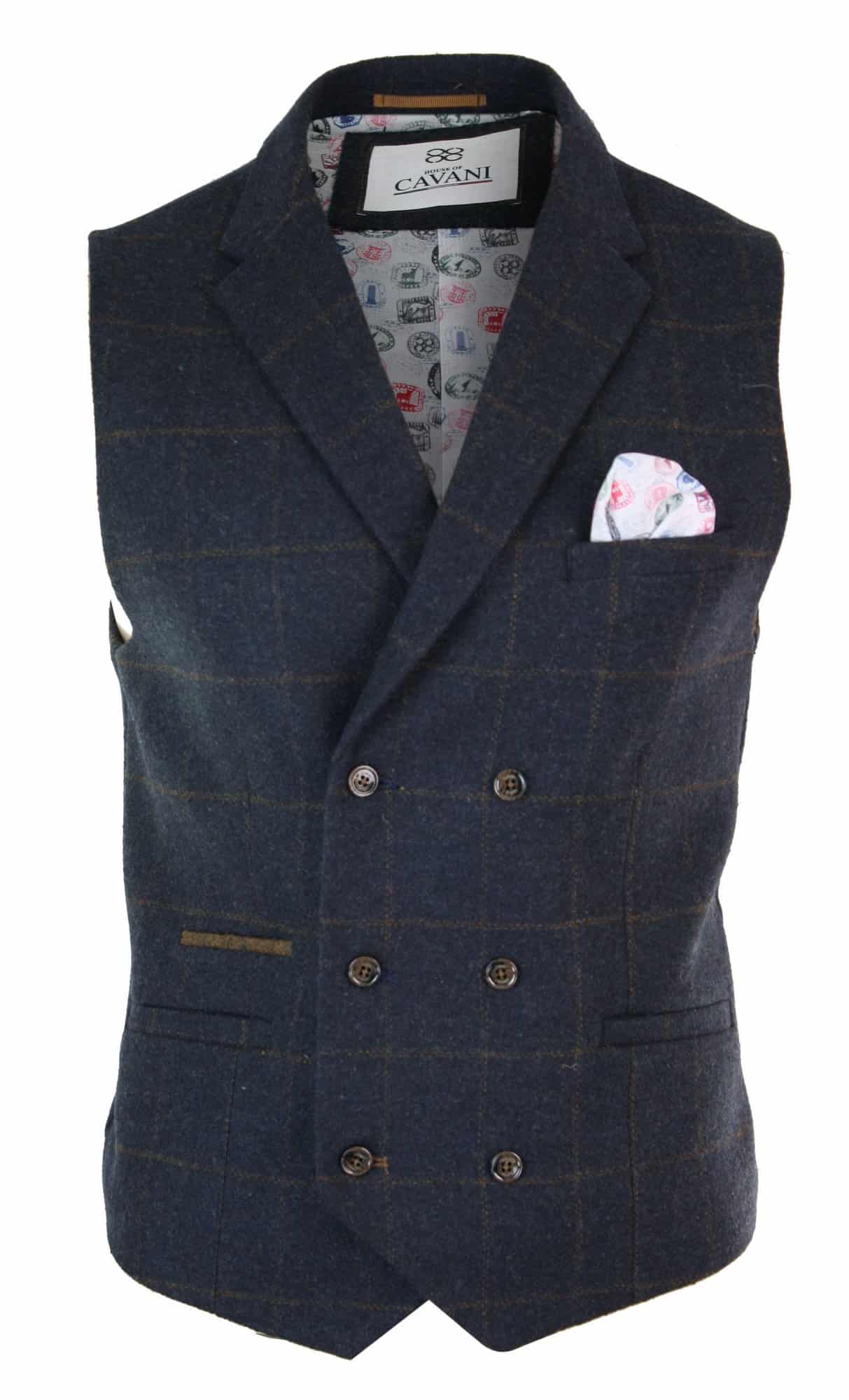 Mens Double Breasted Herringbone Tweed Peaky Blinders Vintage Check Waistcoat Navy Blue