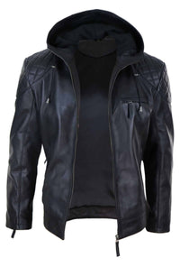Mens Hooded Biker Leather Jacket - Black