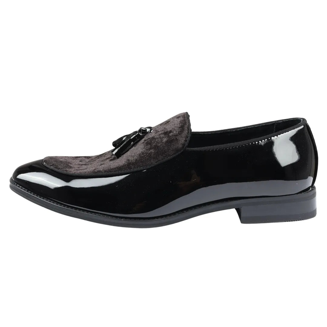 Men's Slip On Tassel Velvet Detailed Patent Black Loafers