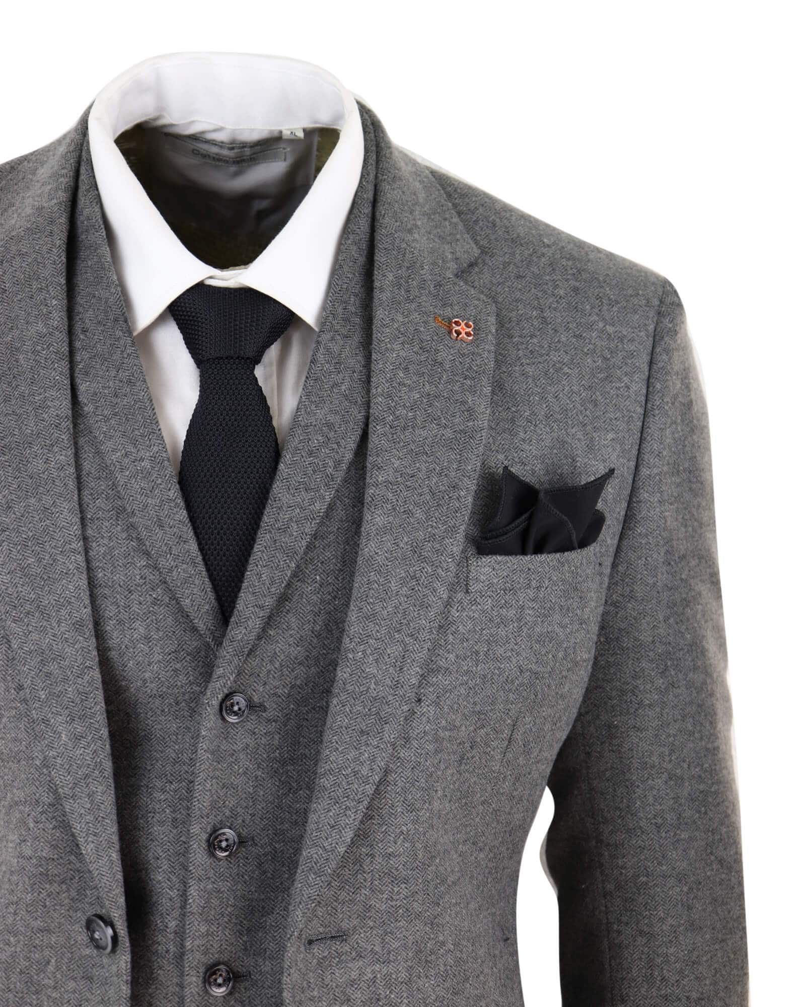 Mens Dark Grey Herringbone Tweed 3 Piece Suit