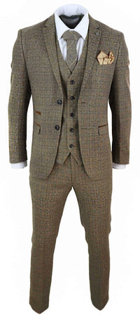 Mens 3 Piece Tweed Check Suit - Brown