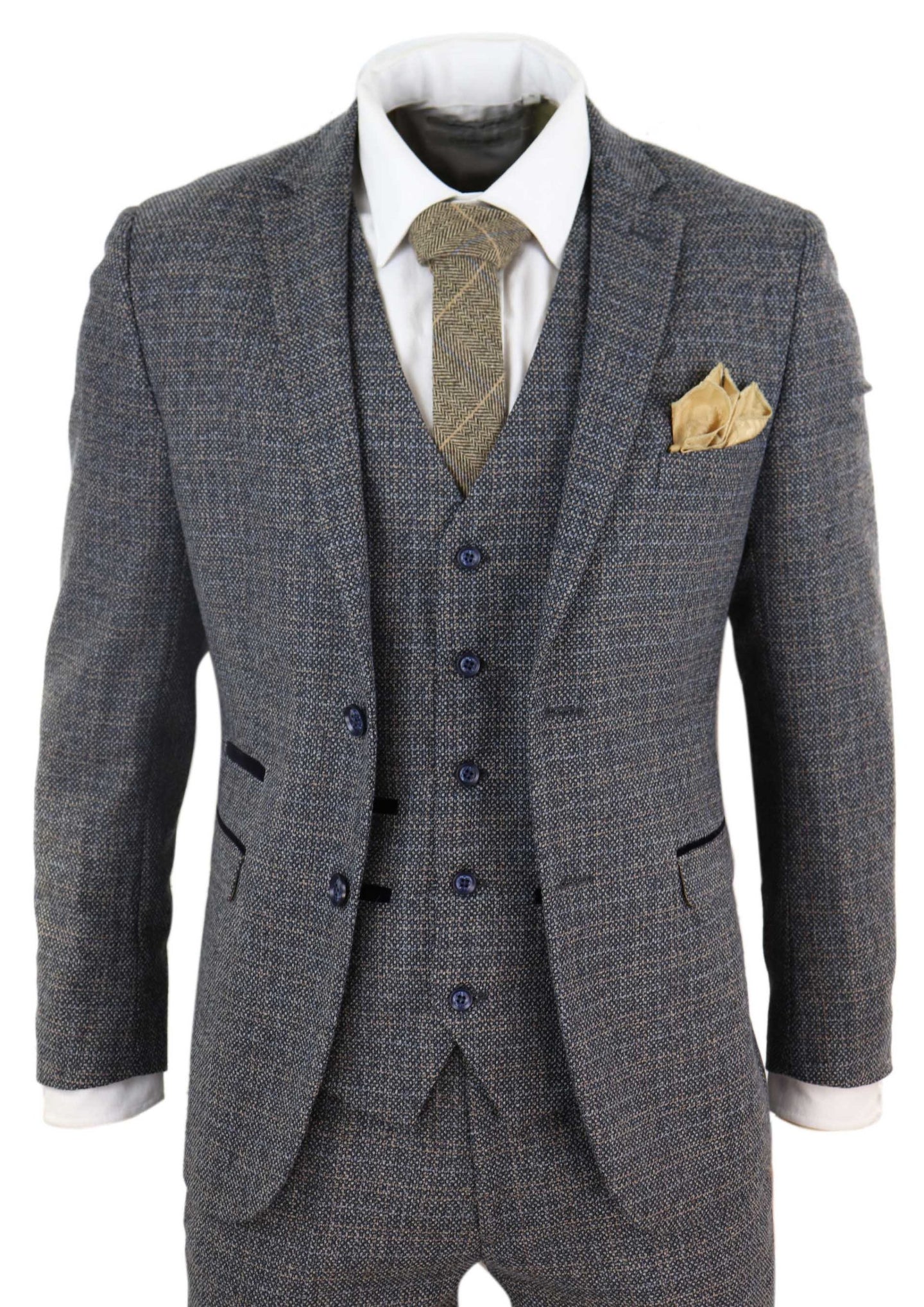 Mens 3 Piece Tweed Check Suit - Navy Blue