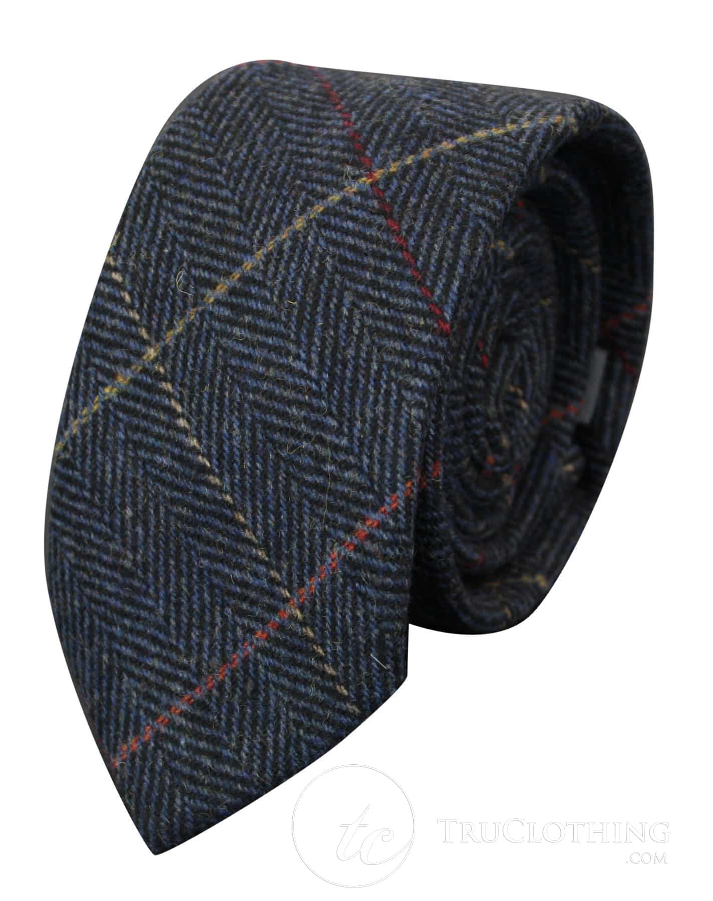 Mens Tweed Herringbone Textured Marc Darcy Ties Classic Vintage Retro Eton Navy Blue