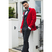 Men's Red Velvet Tux Blazer Satin Lapels Dinner Wedding Prom Black Tie
