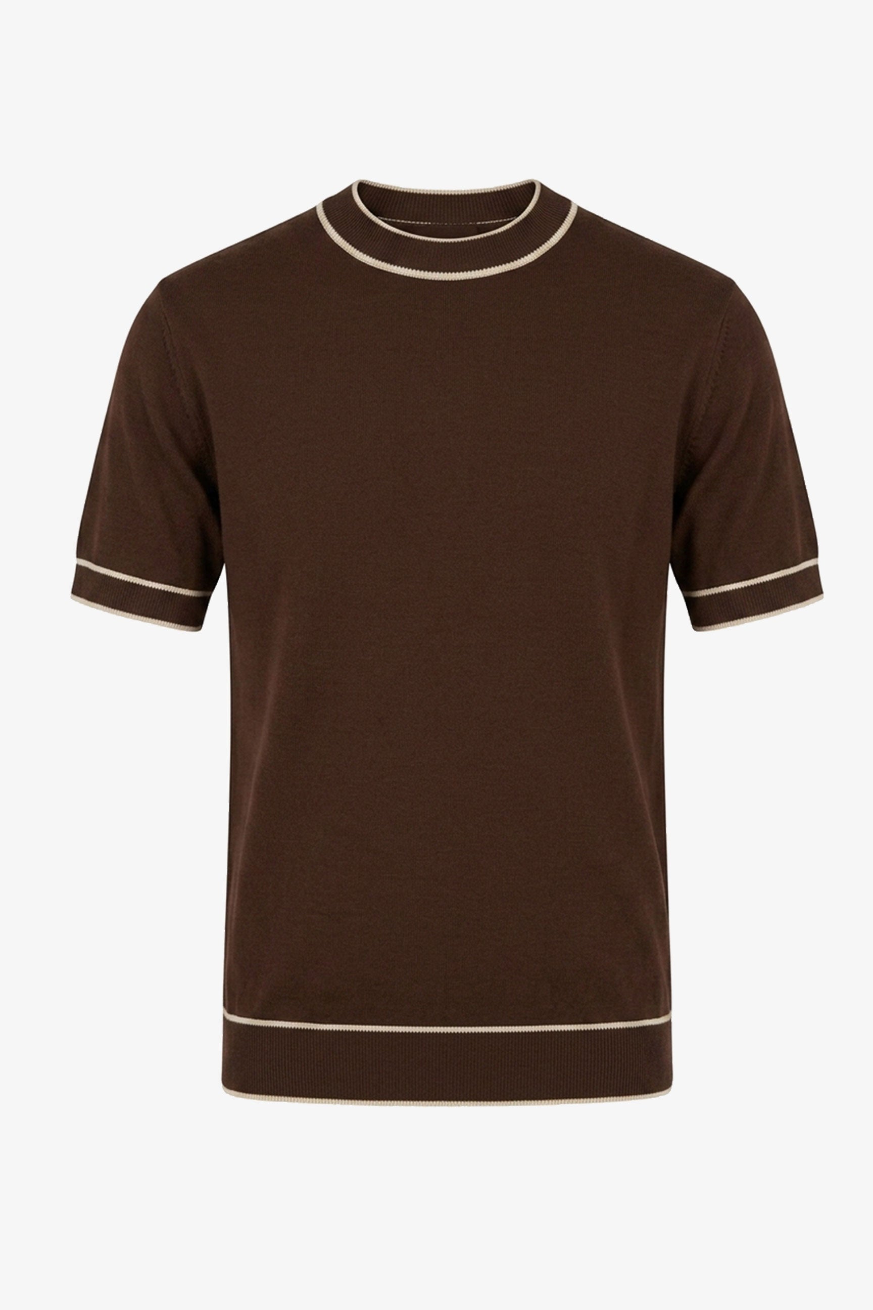 T-shirt da uomo marrone in maglia, vestibilità regolare, girocollo con finiture a contrasto.