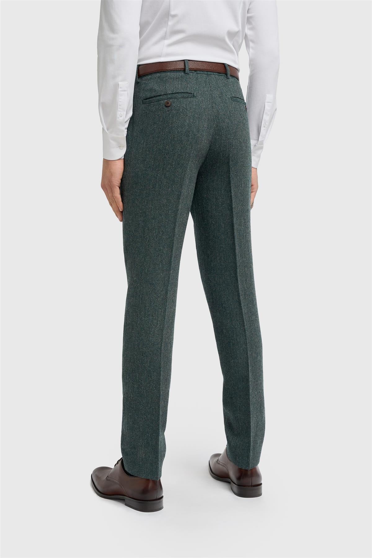 Thomas - Pantaloni da uomo in tweed a spina di pesce in misto lana color oliva