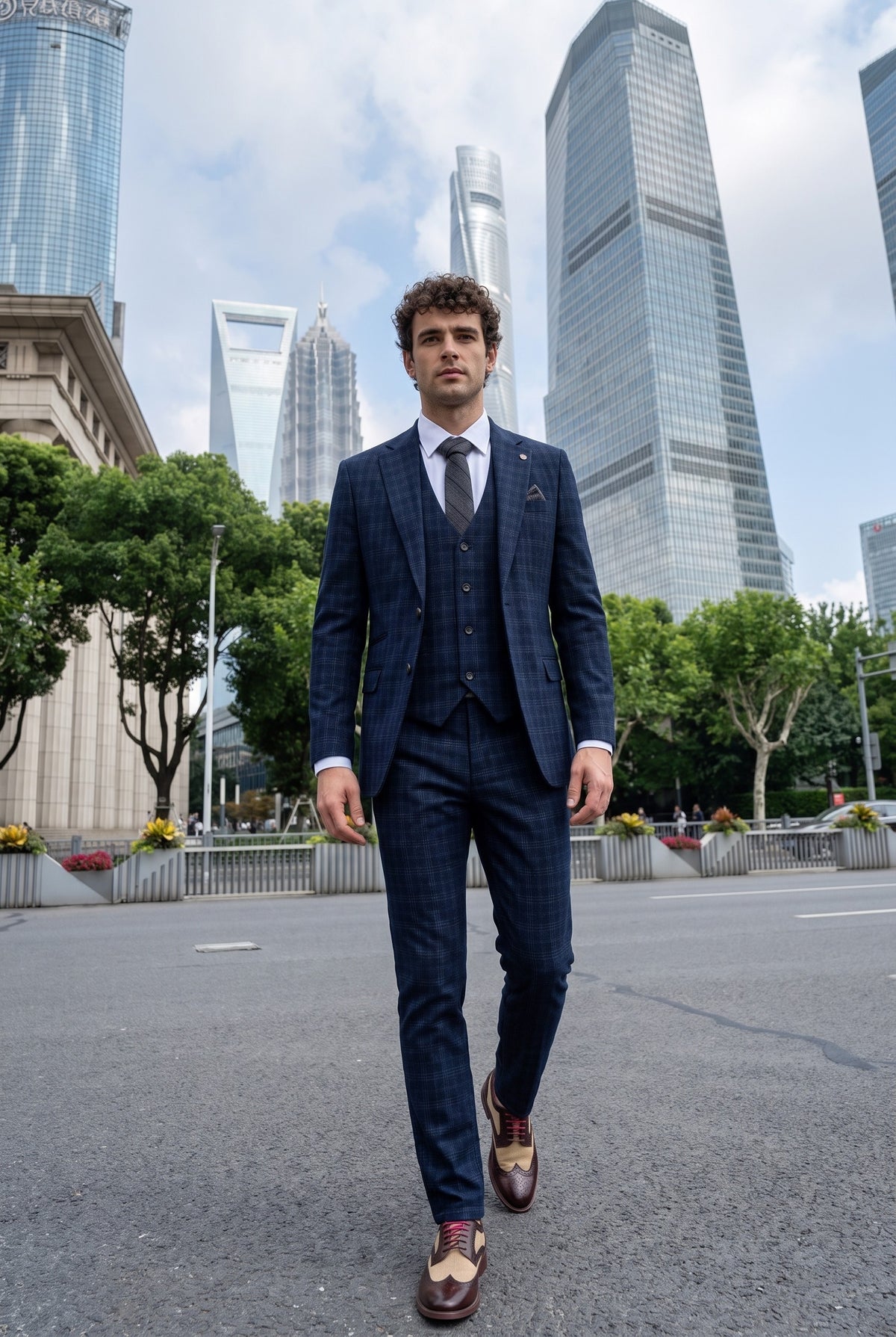 Look #570 styled with Marcos - Abito da uomo slim fit a 3 pezzi con motivo a quadri blu navy