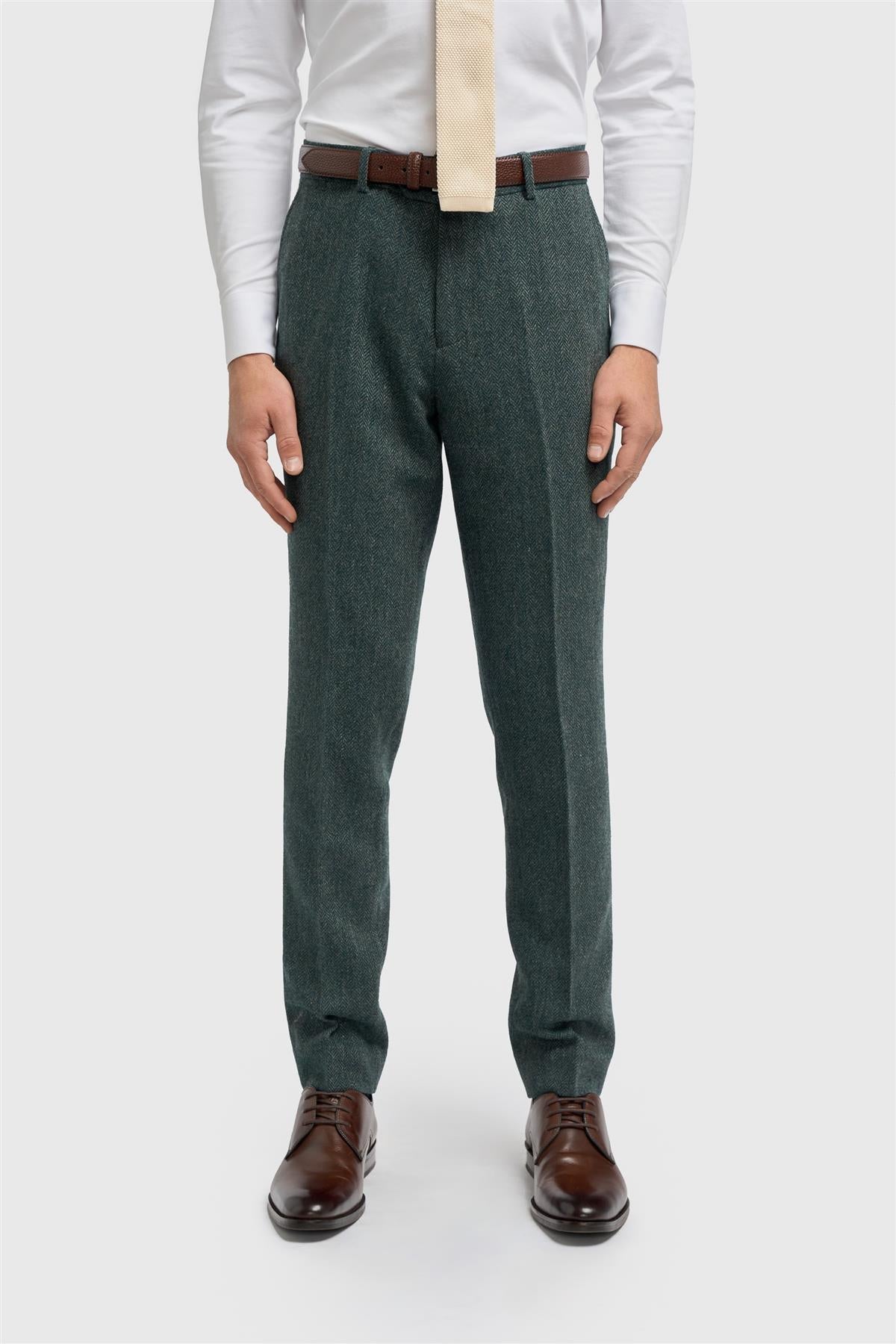 Thomas - Pantaloni da uomo in tweed a spina di pesce in misto lana color oliva