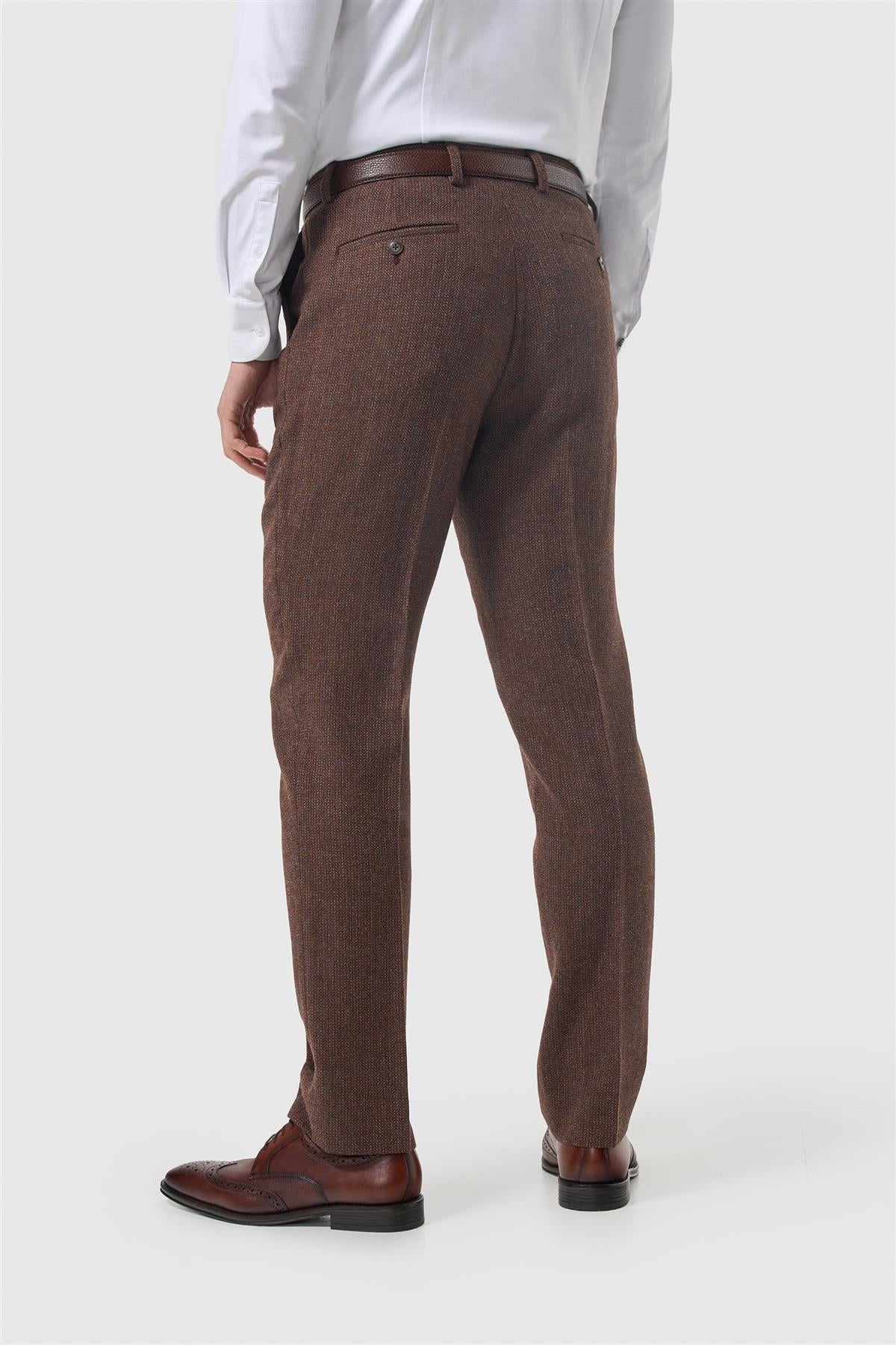Thomas - Pantaloni da uomo in tweed a spina di pesce in misto lana marrone