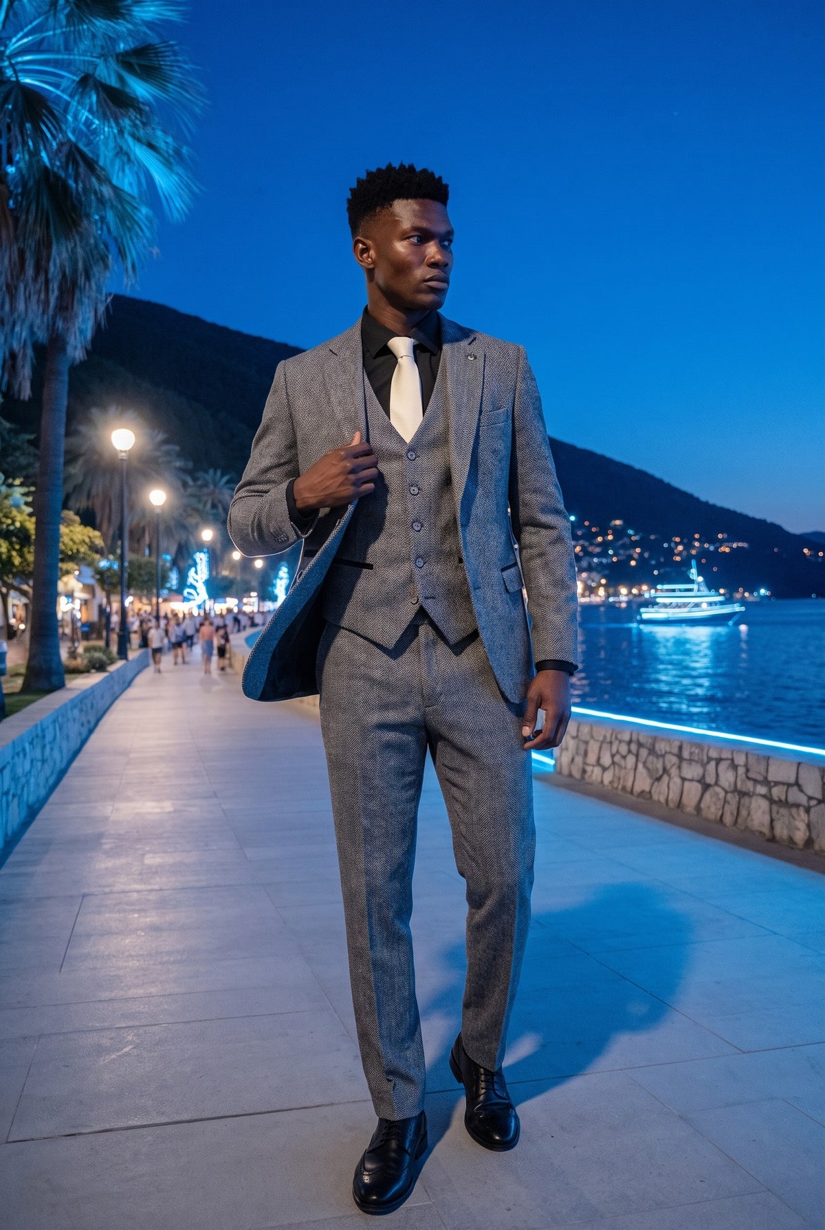 Look #975 styled with IM41 - Abito da uomo a tre pezzi in tweed grigio a spina di pesce