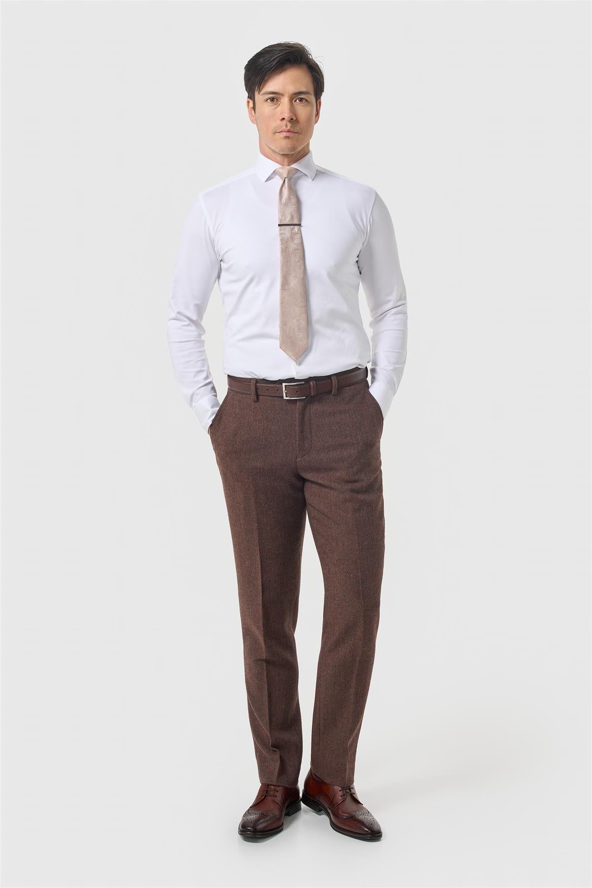 Thomas - Pantaloni da uomo in tweed a spina di pesce in misto lana marrone