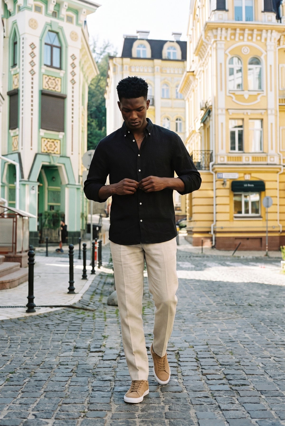 Look #1015 styled with Camicia da uomo nera in puro lino, a maniche lunghe, con bottoni, ideale per l'estate.