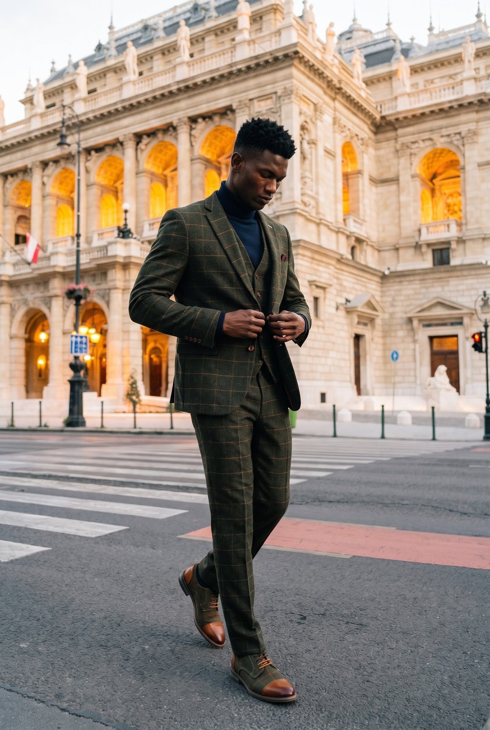Look #497 styled with Maglione da uomo a collo alto blu navy, in morbido misto viscosa, a maniche lunghe.