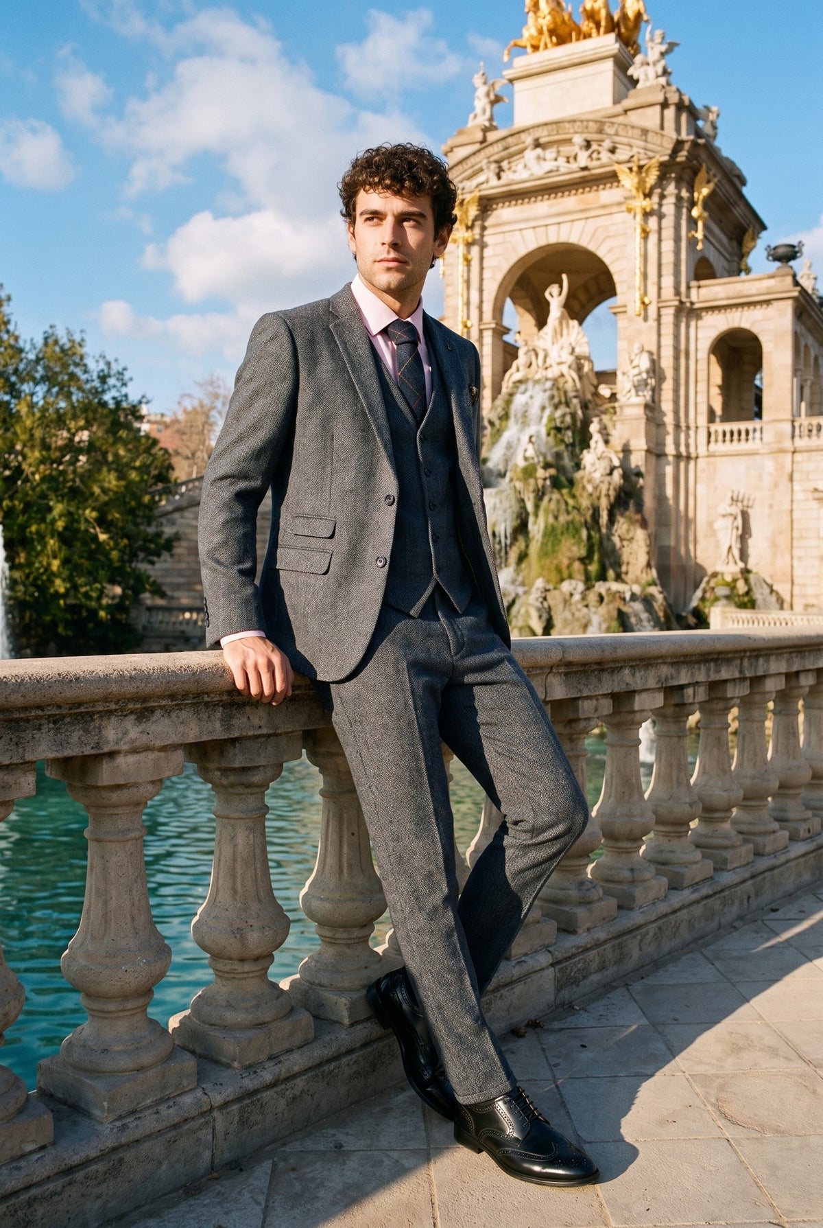 Look #955 styled with Thomas - Abito da uomo in tweed misto lana blu navy, 3 pezzi