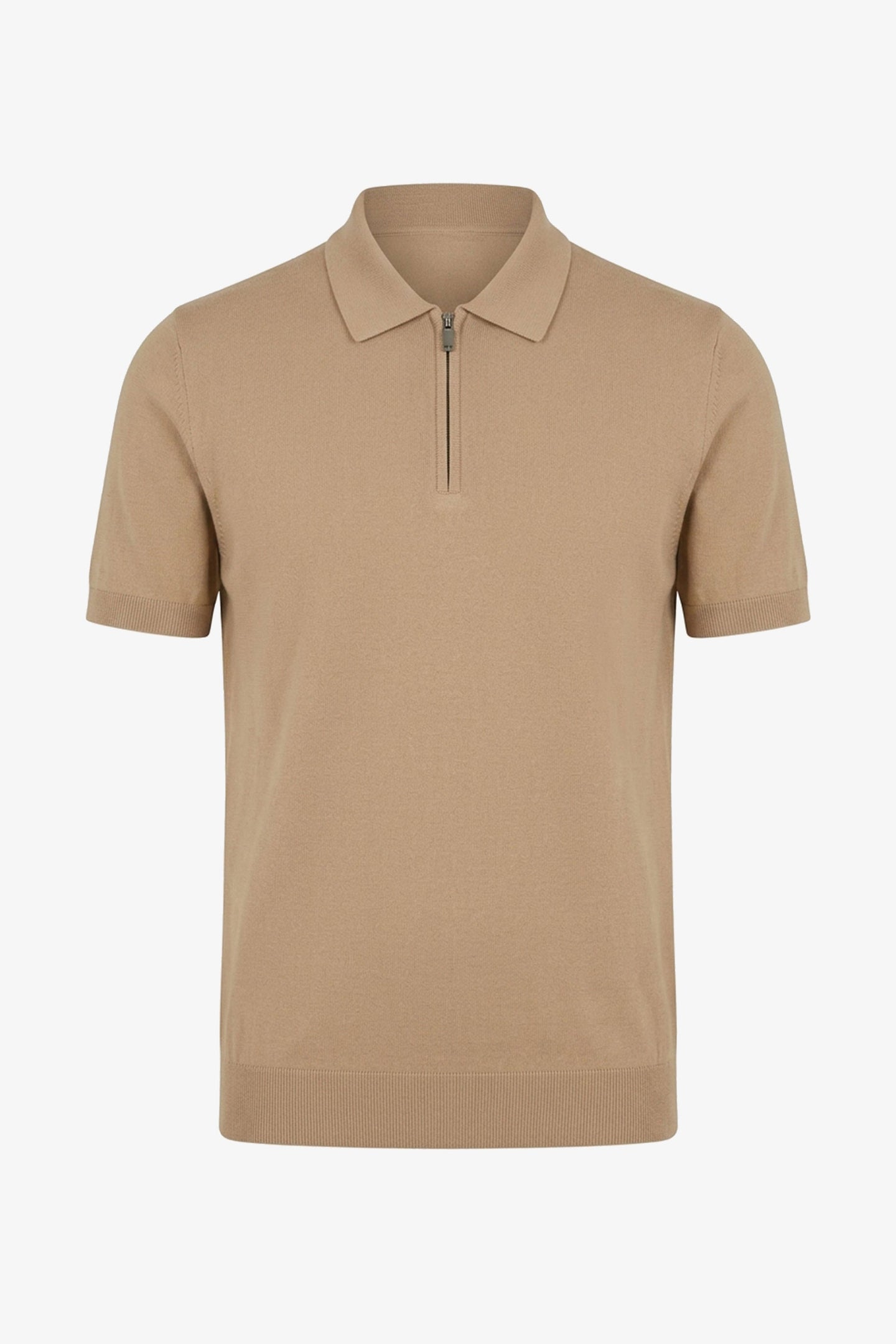 Polo da uomo beige con cerniera sul collo, lavorata a maglia