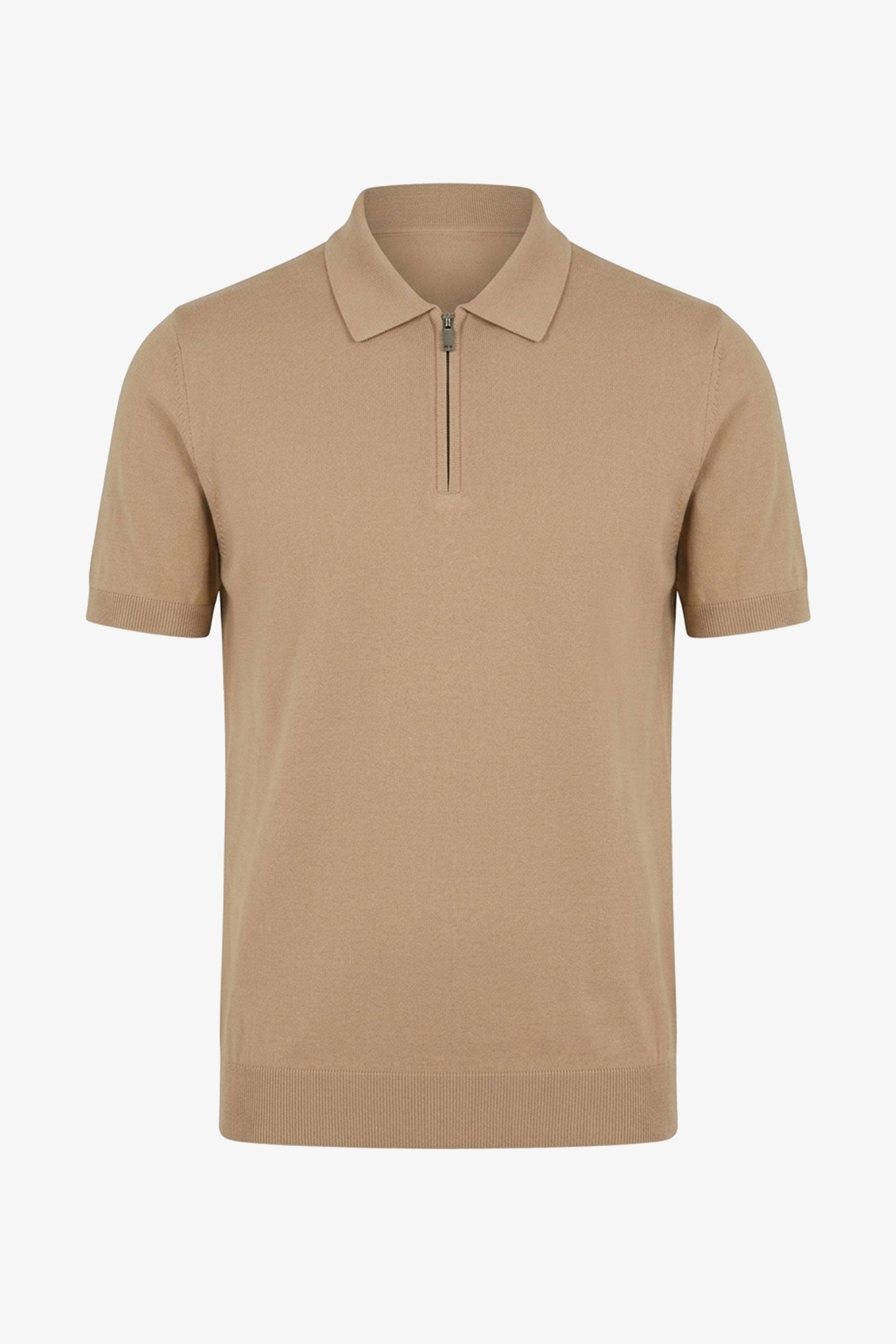 Polo da uomo beige con cerniera sul collo, lavorata a maglia