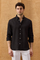 Camicia da uomo nera in puro lino, a maniche lunghe, con bottoni, ideale per l'estate.