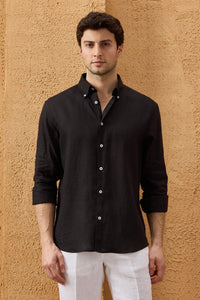 Camicia da uomo nera in puro lino, a maniche lunghe, con bottoni, ideale per l'estate.