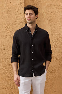 Camicia da uomo nera in puro lino, a maniche lunghe, con bottoni, ideale per l'estate.