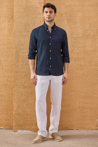 Camicia da uomo blu navy in puro lino, a maniche lunghe, con bottoni, ideale per l'estate.