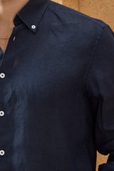 Camicia da uomo blu navy in puro lino, a maniche lunghe, con bottoni, ideale per l'estate.