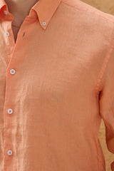 Camicia da uomo arancione in puro lino, a maniche lunghe, con bottoni, ideale per l'estate.