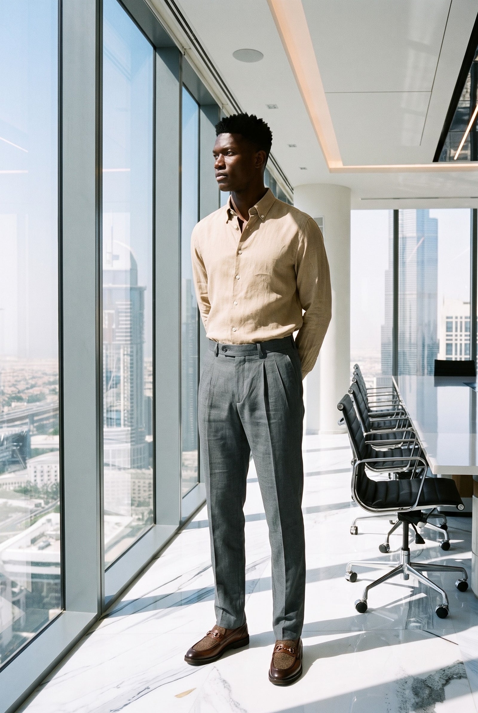 Look #1026 styled with Camicia da uomo in puro lino color cammello a maniche lunghe con bottoni, ideale per l'estate.