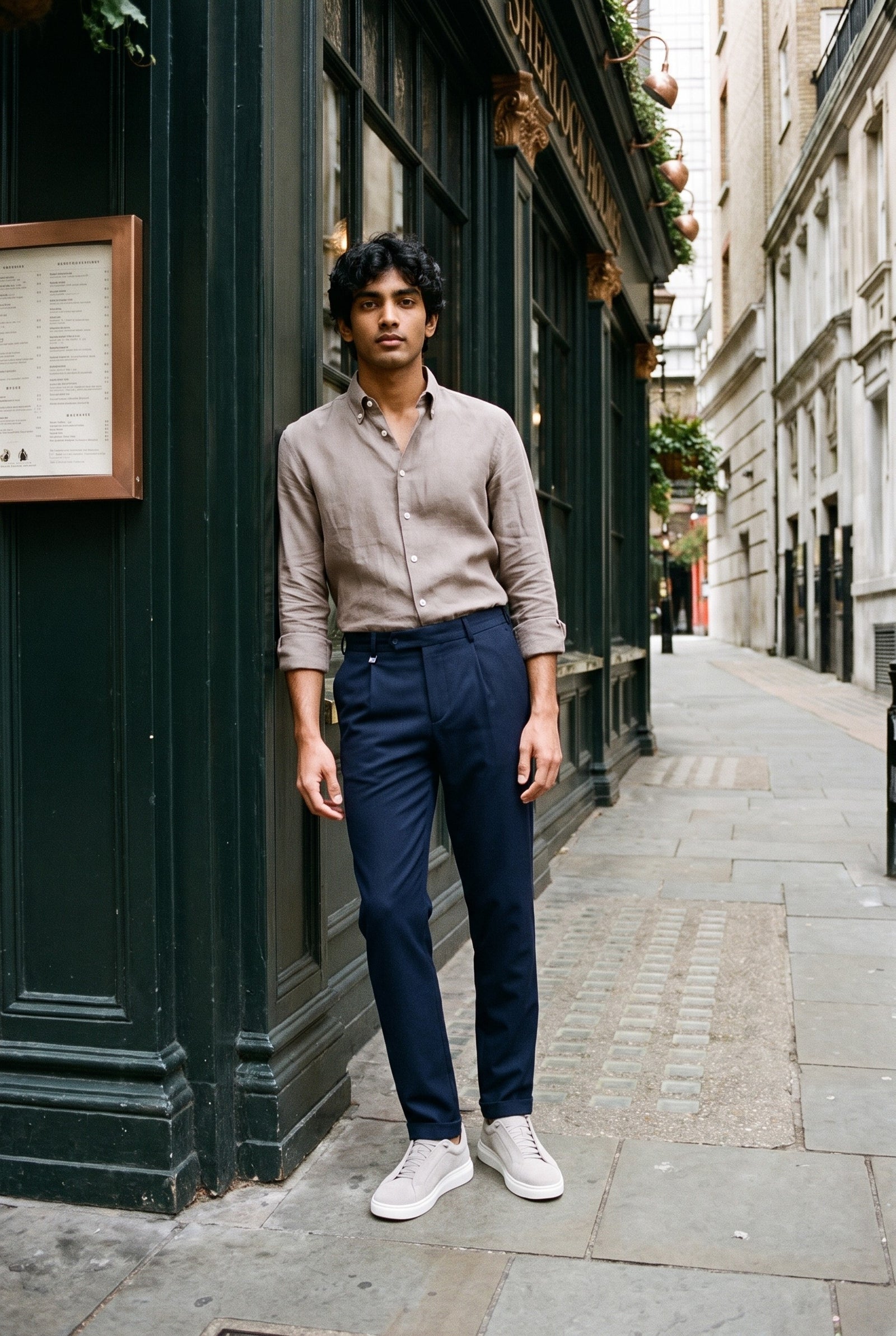 Look #1017 styled with Camicia da uomo in puro lino marrone chiaro, a maniche lunghe, con bottoni, ideale per l'estate.