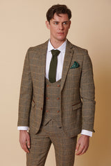 Abito da uomo a 3 pezzi in tweed a spina di pesce marrone chiaro a quadri, vestibilità su misura, classico doppio