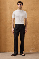 Completo da uomo in lino nero, elegante e casual, due pezzi, con cerniera frontale, stile safari, estivo.