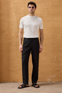 Completo da uomo in lino nero, elegante e casual, due pezzi, con cerniera frontale, stile safari, estivo.