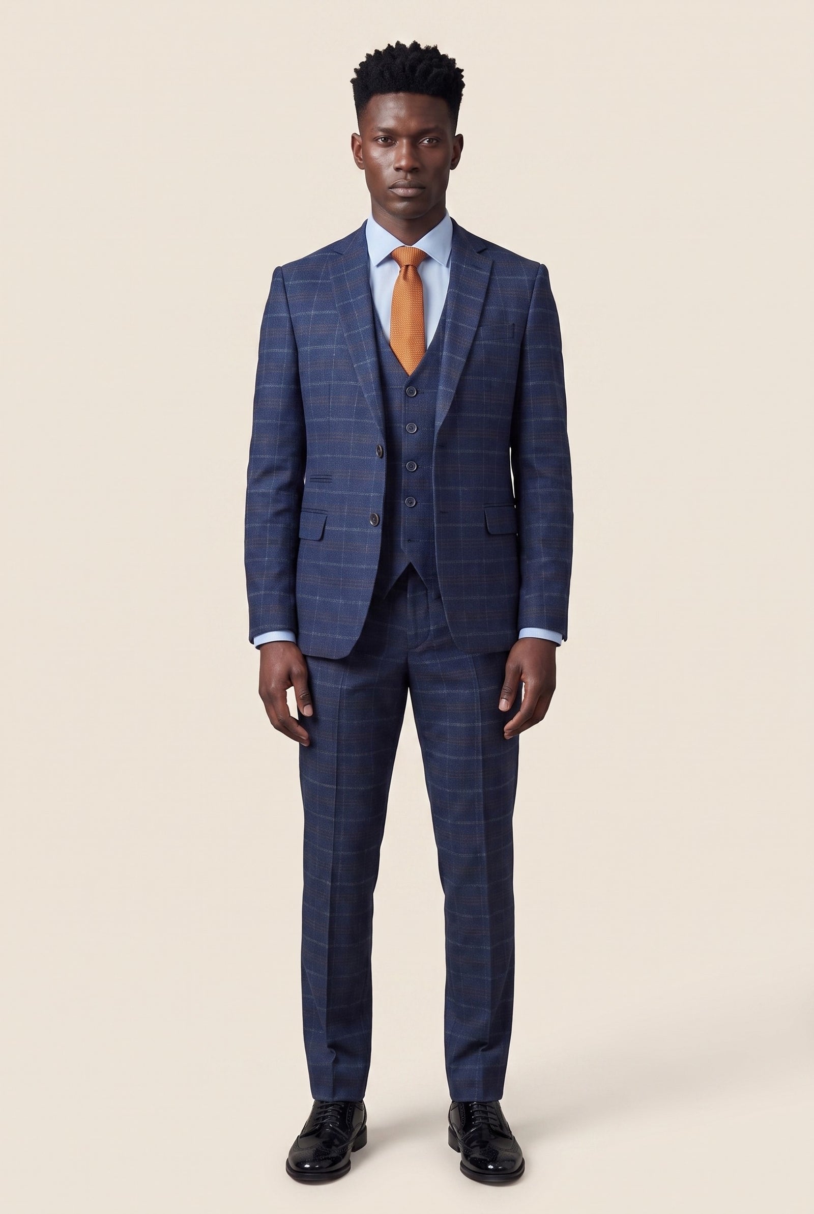 Look #979 styled with Abito da uomo a 3 pezzi a quadri blu navy - Paul Andrew Kenneth