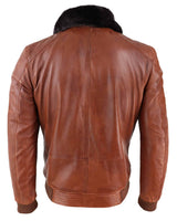 Mens Washed Rust Tan Brown Removable Fur Collar Pilot Leather Jacket Slim Fit