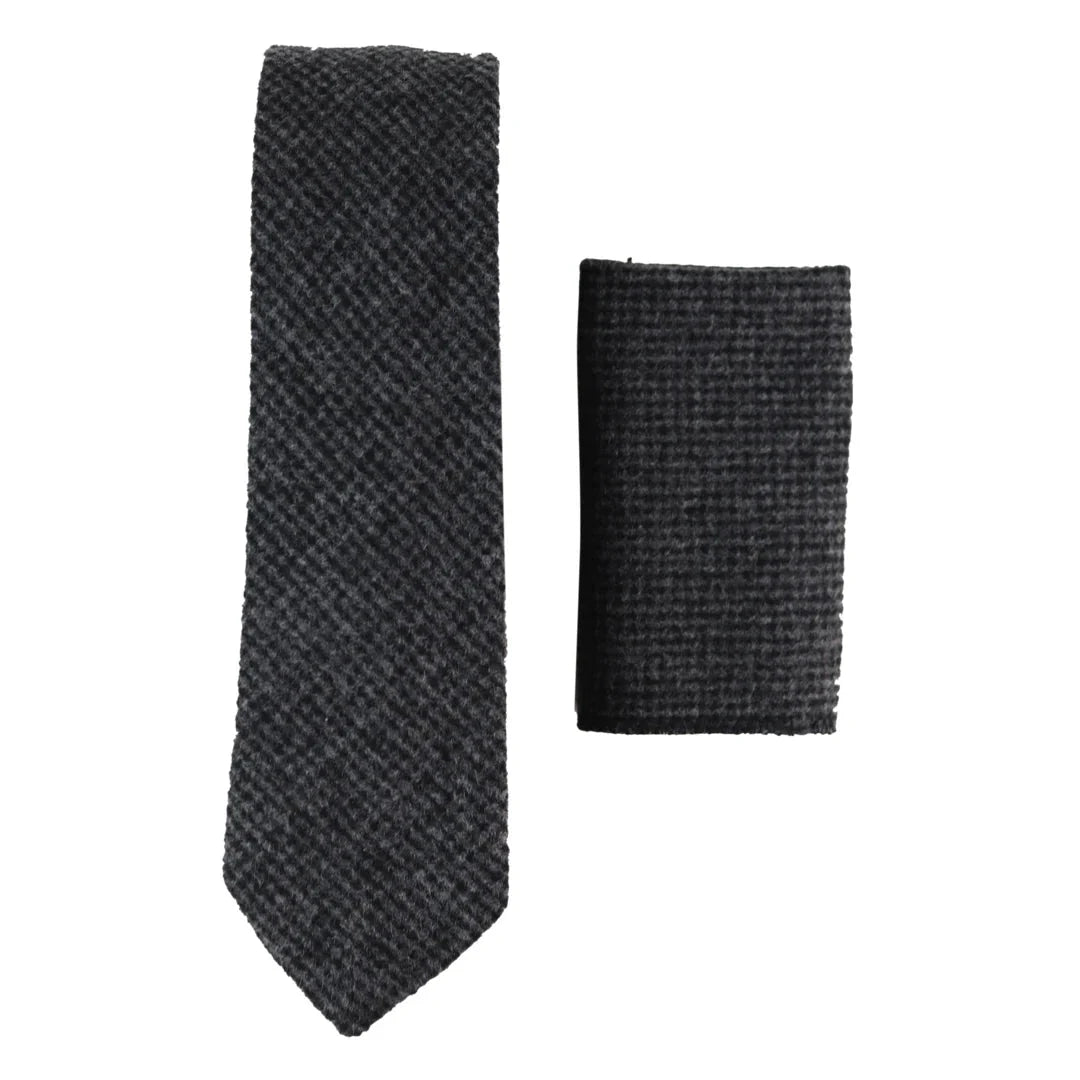 281 - Men's Charcoal Herringbone Tweed Wool Tie & Handkerchief 2"