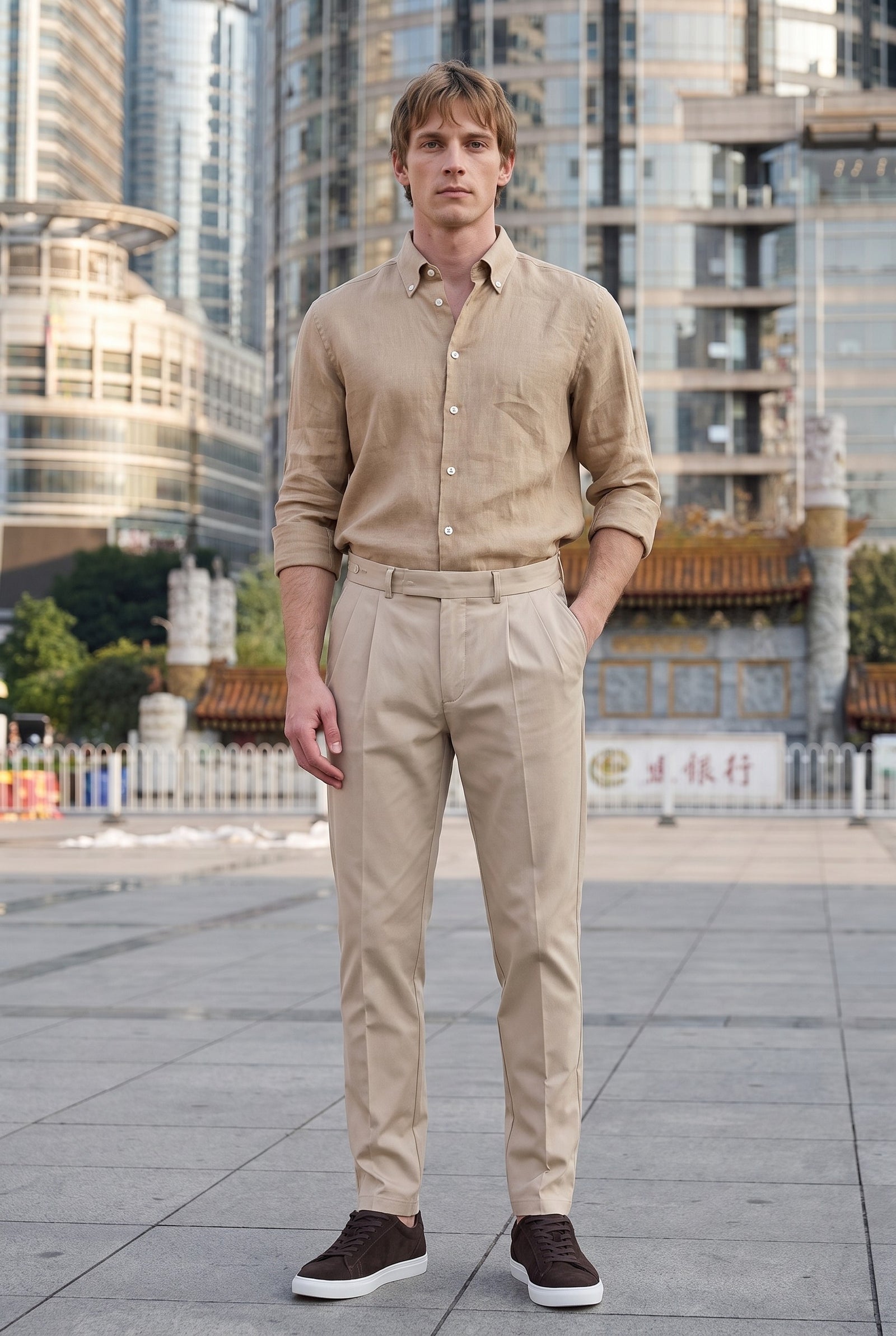 Look #1022 styled with Camicia da uomo in puro lino color cammello a maniche lunghe con bottoni, ideale per l'estate.