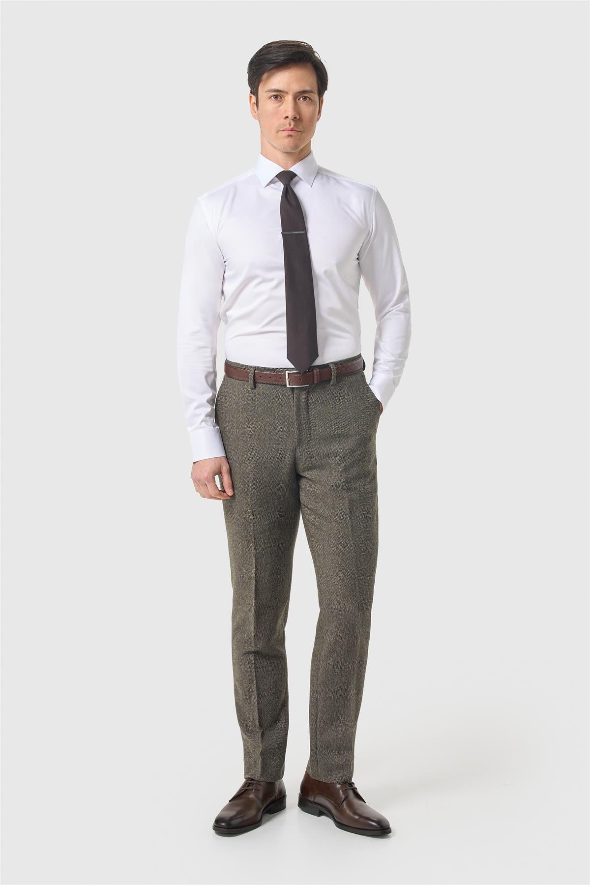 Gaston - Pantaloni da uomo in tweed a quadri color oliva