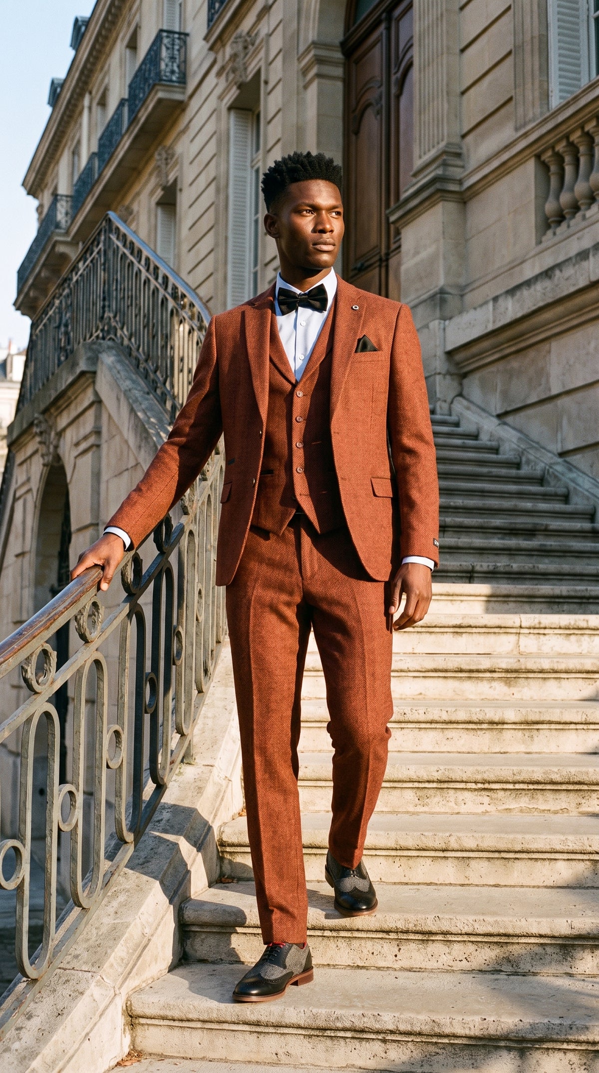 Look #279 styled with Abito 3 pezzi in tweed a spina di pesce color ruggine