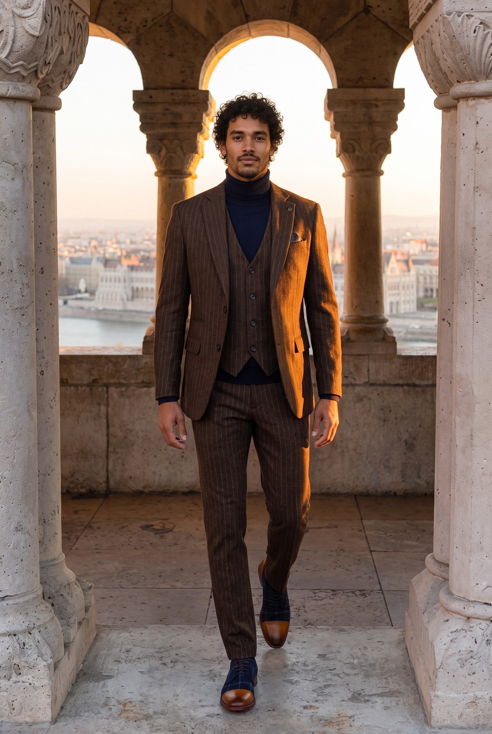 Look #959 styled with Abito da uomo a 3 pezzi slim fit a righe marroni
