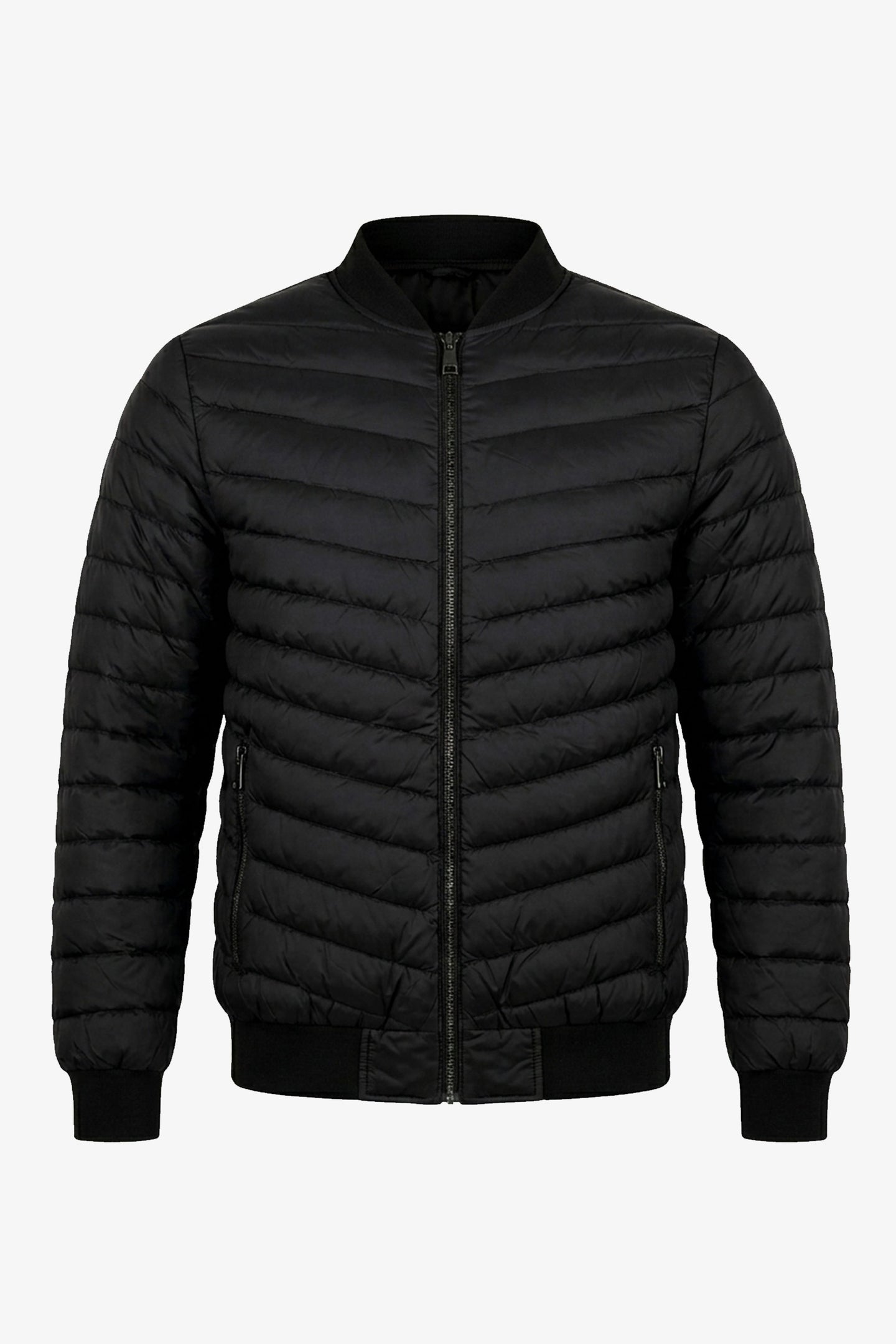 Giacca bomber da uomo nera trapuntata, leggera, imbottita e con cerniera.