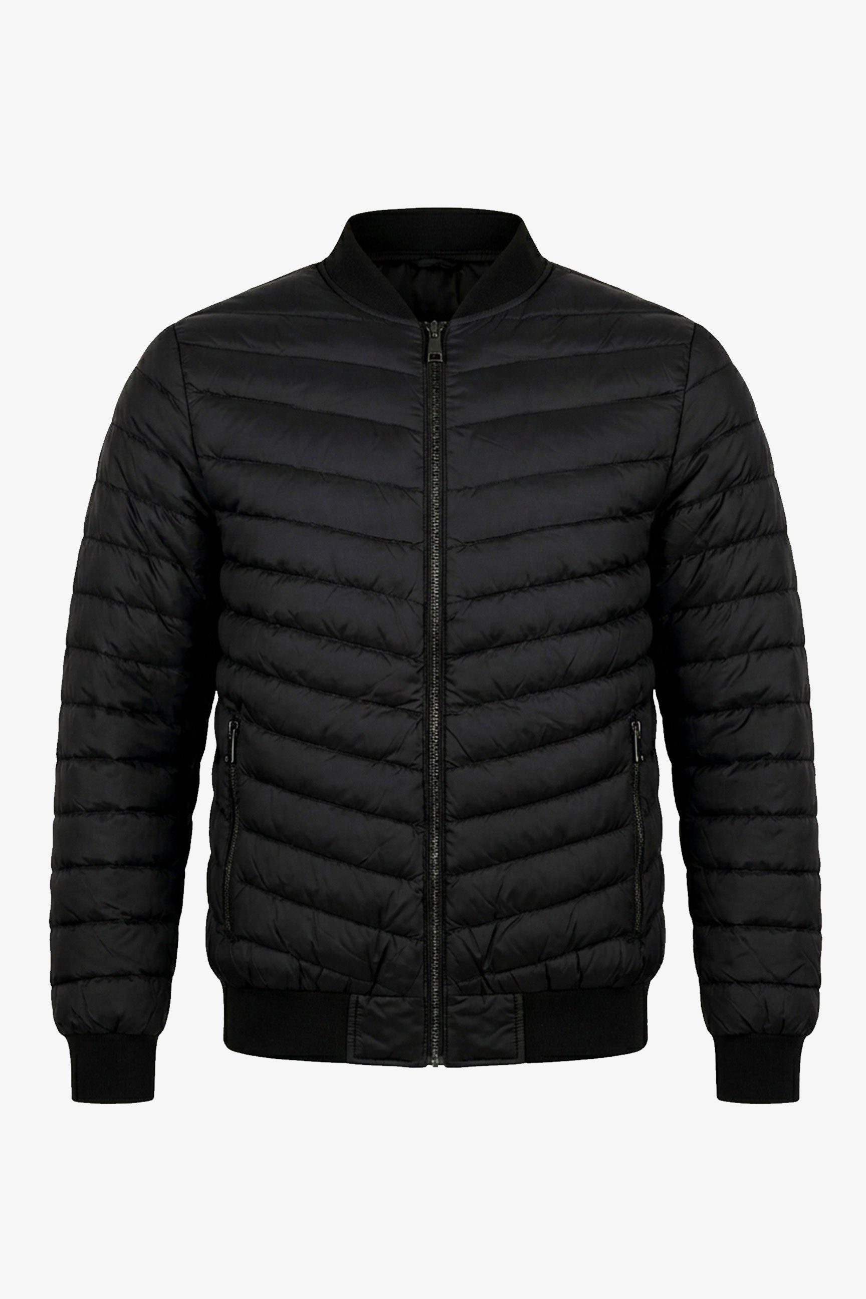 Giacca bomber da uomo nera trapuntata, leggera, imbottita e con cerniera.